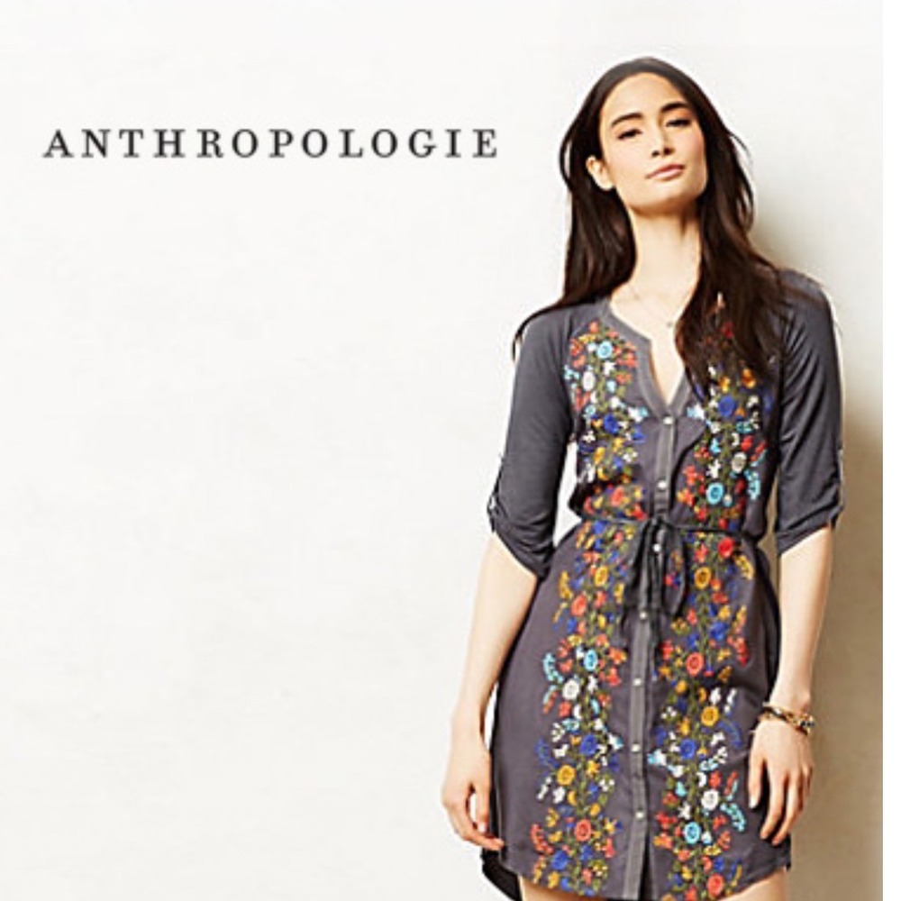 Anthropologie Tiny Embroidered Floral Silk Rayon Shirt Dress Boho Roll Sleeve S